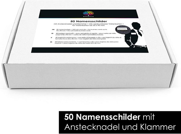 Mein-Namensschild - Placas para tarjetas de identifiicación (50 unidades, plástico, con clip e imperdible), 200 unidades Embalaje Deteriorado Discount