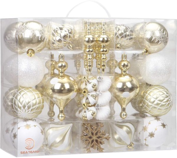 Sea Team Paquete de 85 Adornos de Bolas de Navidad inastillables Surtidos, Juego de Bolas Decorativas Colgantes con Paquete de Regalo Reutilizable (Oro y Blanco) Reacondicionado Hot on Sale